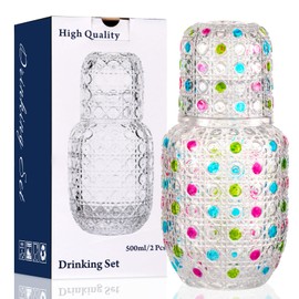 TIKTALK Bedside Water Carafe and Glass Set Bedside Night Carafe for Bedroom Nightstand Glass Mouthwash Dispenser with Cup for Bathroom Vintage Glass Carafe for Storing Juice Milk 17oz (Polka dot)