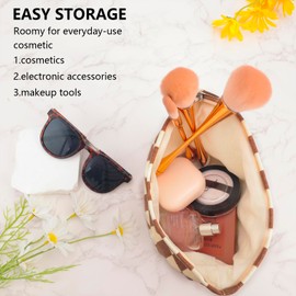 ZLFSRQ Checkered Makeup Bag for Women Girls Large Capacity Brown Corduroy Travel Cosmetic Bag Set Makeup Pouch for Purse Zipper Toiletry Organizer Cute Y2K Aesthetic Trendy Makeup Brushes Storage Bag