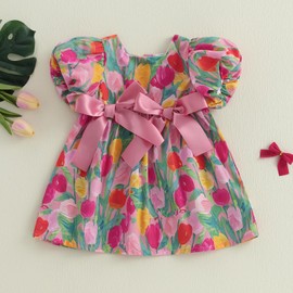 Toddler Baby Girl Summer Dress Pink Bow Tulip Floral Puff Short Sleeve Dresses Smocked Princess Sundress (Red, 2-3 Years)