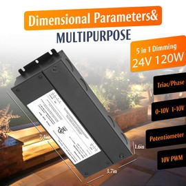 120W Dimmable LED Driver 24V, AC to DC Triac Dimmbale Transformer Power Supply, Dimming LED Driver, Replacement for lutron and leviton Dimmer, TRIAC/Phase/0-10V /1-10V/Potentiometer/10V PWM UL Listed