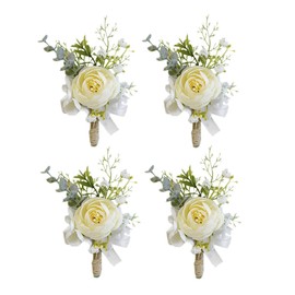 Prettybuy Men's Boutonniere Boutineer with Pin Wedding Boutonniere Bridegroom Groom Buttonhole for Wedding Homecoming Prom Suit Decor, Beige 4 Pcs