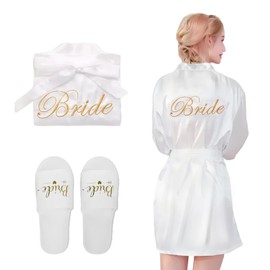 Billowvolve Damen Brautjungfern Roben Kimono Morgenmantel Bademantel Satin Nachtwäsche Badmantel Braut Kurz mit Hausschuhe für Hochzeit、Pajama Party