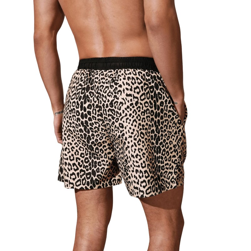 Verdusa Men's Leopard Print Drawstring Waist Swim Trunks Beach Shorts,