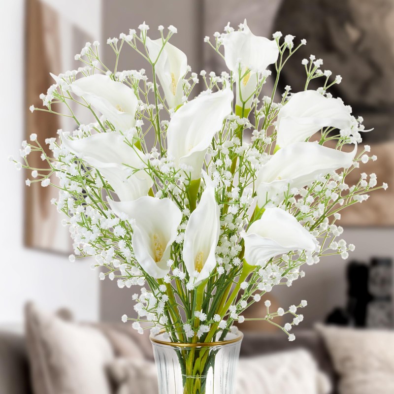20 Pcs White Calla Lily and Baby's Breath Artificial Flower