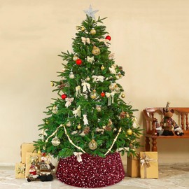 MODFUNS Christmas Tree Stand Base Sequins Christmas Tree Collar 24 Inch Burgundy Shimmer Velvet Tree Stand Cover Sparkling Tree Skirt Christmas Decorations Maroon Xmas Tree Base for Xmas Home Party