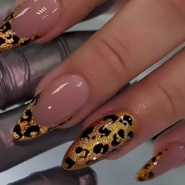 Hkanlre Medium Press on Nails Flower Fake French Nails Tips Full Cover Almond Leopard Print False Nails for Women 24PCS