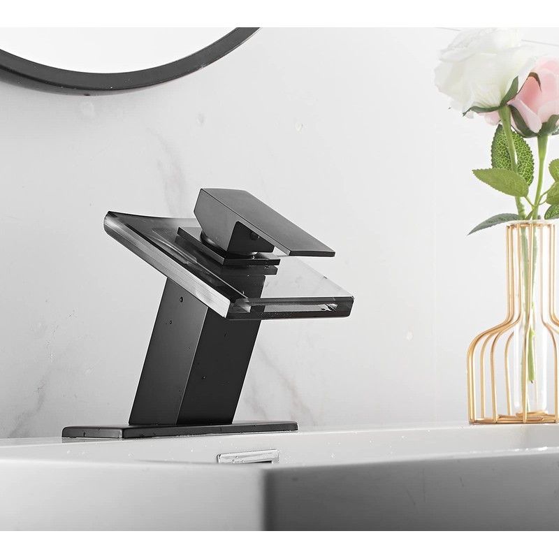 Bathroom Faucet Black Led Light 3 Color Changing Waterfall Glass