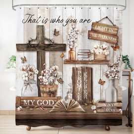 LIGHTINHOME Farmhouse Christian Shower Curtain 60Wx72H Inches Inspirational Rustic Bible Verses Cross Motivational Quotes Scriptures Country Bathroom Decor Fabric Waterproof Polyester Set with Hooks