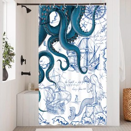 Fungarth Stall Blue Nautical Octopus Shower Curtain Navy Mermaid Funny Ocean Kraken Shower Curtains for Bathroom Cool Anchor Coastal Map Waterproof Fabric Bath Curtain Decor (Blue, 36” x 72”)