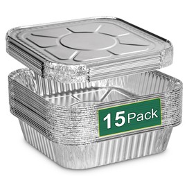 8x8 Inch Disposable Aluminum Foil Pans with Lids (15 Pack) - Heavy-Duty Baking Trays for Air Fryer, Oven- Reusable & Leakproof Design