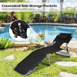 LUARANE Outdoor Folding Lounge Chair, Adjustable Tanning Chair w/Face Hole & Removable Pillow, Headrest and Carry Strap, Portable Sunbathing Recliner Chair for Patio, Backyard, Beach (1, Black)
