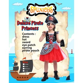 SPUNICOS Girls Deluxe Pirate Princess Dress with Hat,Sword,Eye-patch and Pirate Coin Pouch 9-10years