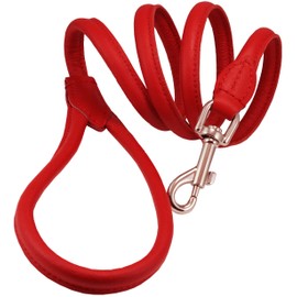 Dogs My Love 4ft Long Round Genuine Rolled Leather Dog Leash Red (Small: 3/8" (8mm))