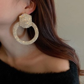 Jumwrit Rhinestone Large Hoop Earrings Big Round Circle Earrings Statement Dangle Earrings Fashion Geometric Circle Earrings for Women（Gold）