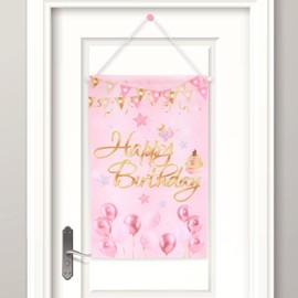 Tinoaly Happy Birthday Door Banner, Pink Hanging Door Sign Birthday Decoration Doors Hanger Backdrop Cover Porch Wall Decors for Girls Women Party Favors Supplies
