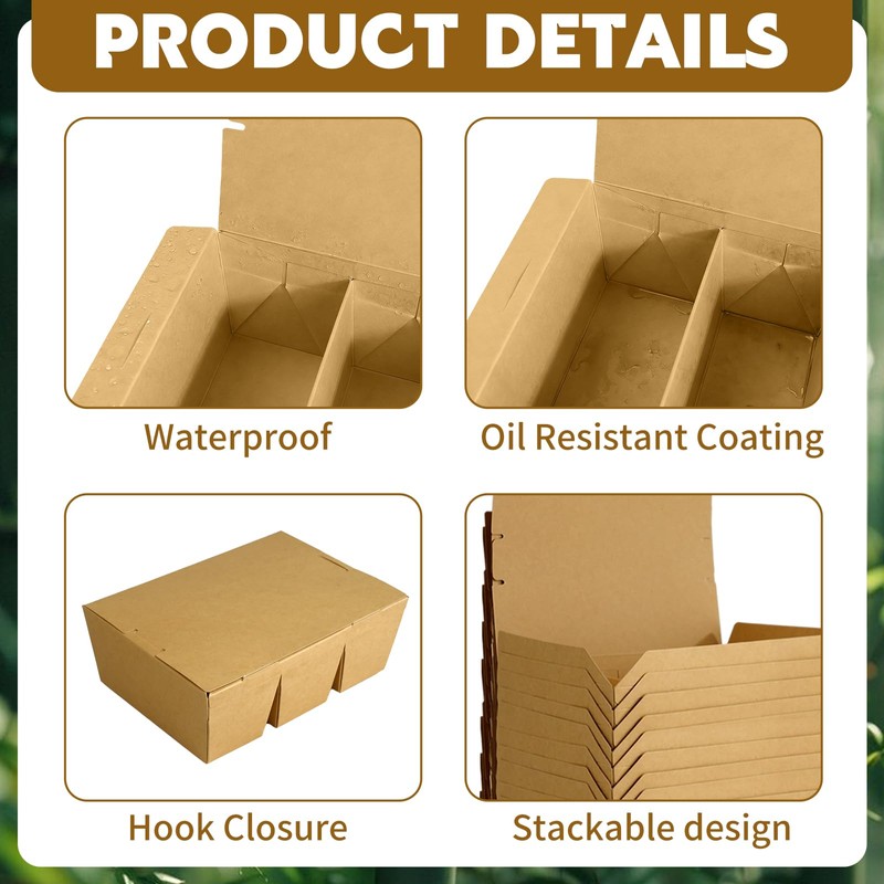 30 Pack 50 oz Paper To Go Containers, 3 Compartment