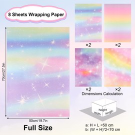 Pack of 8 Wrapping Paper Girls, Gift Wrap Birthday Starry Sky, Birthday Paper, Pastel Colourful Wrapping Paper for Gifts Wedding Mother's Day Birthday (50 x 70 cm)