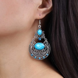 Atentuyi Boho Turquoise Earrings Silver Large Sapphire Drop Dangle Earrings Blue Crystal Hook Earrings Large Gypsy Filigree Earrings Indian Tribal Vintage Earrings Retro Oval Gemstone Earrings