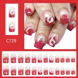 24Pcs Lips Pattern Valentine's Press on Nails Short Square Red Glitter Powder Sequins Design Full Cover French Tip Press on Nails Short Valentine's Acrylic Nails Glossy Glue on Nails for Women