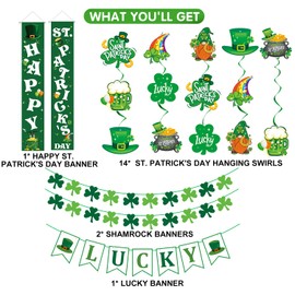 Happy St. Patrick's Day Decorations Decor- Shamrock Saint Patricks Day Decorations Porch Banner, LUCKY Banner, 14 Hanging Swirls, 2 Shamrock Garlands for Home Office Classroom Party Supplies, Green