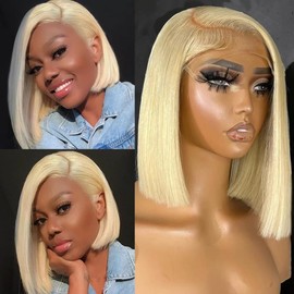 Blonde Bob Wig Human Hair 613 Lace Front Wigs Human Hair 200% Density 13x4 HD Lace Frontal Wig Pre Plucked With Baby Hair Glueless Short Straight Bob Wigs for Women (Blonde Color, 10 Inch)
