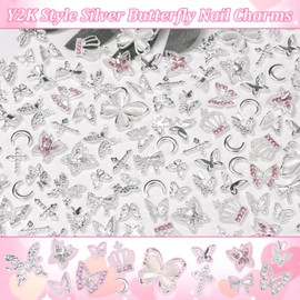 110 Pcs Silver Butterfly Nail Charms, 3D Butterflies Cross Crown Nail Gems and Charms, Multi Styles Shiny Butterfly Charms for Nails Silver Nail Bow and Charms for Women DIY Crafts Accessories
