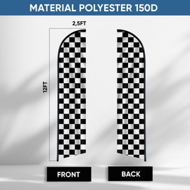 Moordyses Checkered Flag Banner - Racing Flags Swooper - Feather Flags for Business and Advertising - Black & White Race Flags 12ft x 2.5ft Polyester 150D (Pole and hardware are not included)