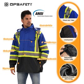 DPSAFETY Reflective Rain jackets for men waterproof,Hi Vis Safety Coat With Reflective Strips，High Visibility Class 3 Rain jackets With 2 large pockets，Zipper,Blue,2XL/3XL