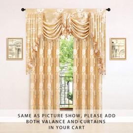 ELKCA Golden Jacquard Swag Waterfall Valance Luxury Curtain Valance for Living Room Window Treatment for Bedroom (Floral-Golden, W69 Inch, 1 Panel)
