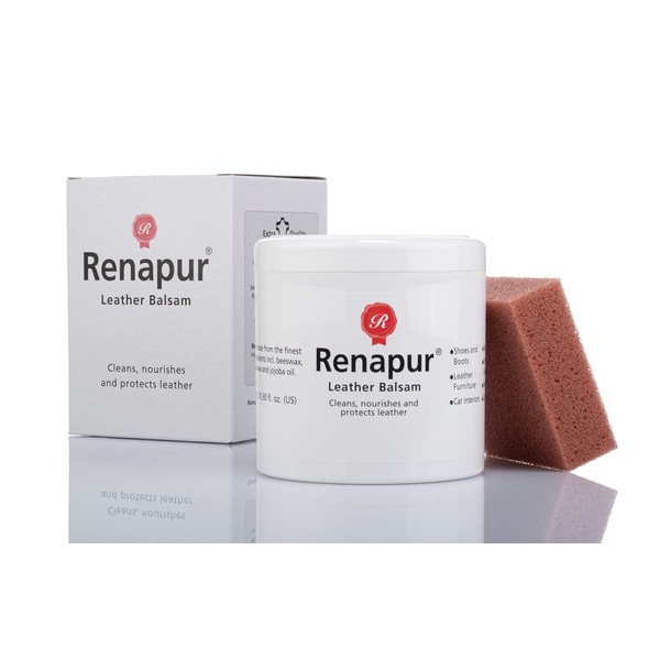 Renapur Leather Balm, Natural Balm, Conditioner and Restorer (500ml Box + Applicator Sponge) - Protection for Leather Sofas, Furniture, Shoes, Bags, Car Seats, Saddlery & Stickiness (Original)