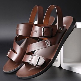 Battle Men Men's Cut Out Sandal Casual Dual Use Beach Slipper Genuine Leather Open Toe Double Monk Strap Buckle Thick Sole Rivet Solid Color anti-slip (Color : Brown, Size : 8.5 M US)
