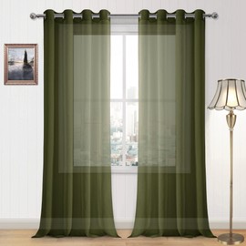 DWCN Olive Green Sheer Curtains for Living Room Bedroom - Faux Linen Grommet Window Voile Sheer Curtains 52 x 95 inches Long,Set of 2 Panels