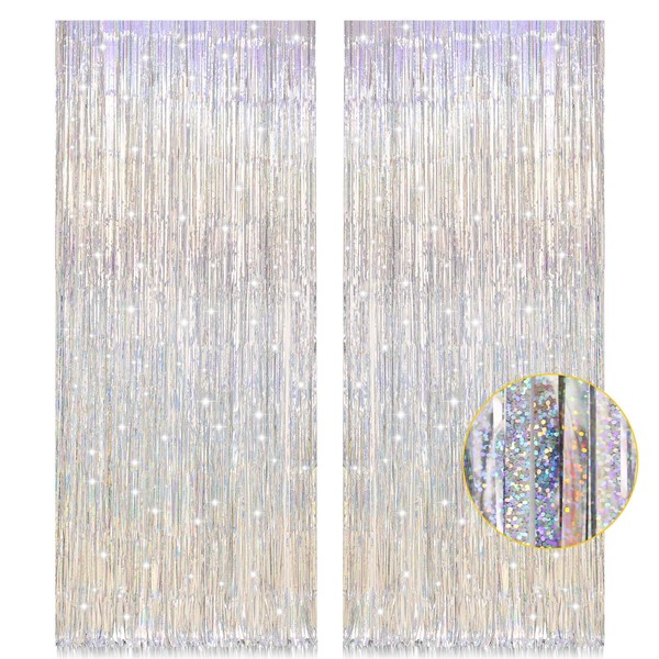 PIGETALE 2 Pack 3.2ft x 8.2ft Metallic Tinsel Foil Fringe Curtains Photo Booth Backdrops Party Supplies for Birthday Wedding Engagement Bridal Shower Bachelorette Holiday Party Decorations (Silver)