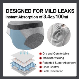 BATTEWA Men's Incontinence Underwear for Bladder Leakage 100mL Leakproof Briefs Cotton Absorbent Urine Protection, 2-Pack.(Large, Gray)