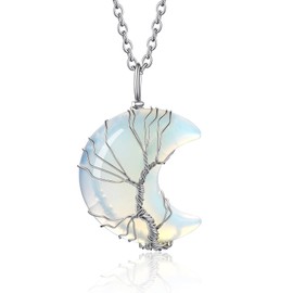 Bestyle Tree of Life Crescent Moon Necklace, Synthetic Moonstone Gemstones Healing Crystal Necklaces, June Birthstone Pendant for Women, Gift for Mother/Grandma/Wife/Daughter/Sister