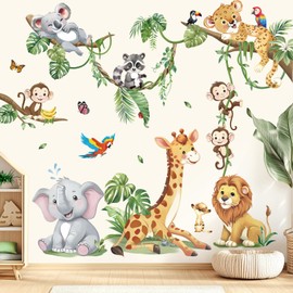 decalmile Safari Animals Tree Branch Wall Stickers Jungle Animals Giraffe Elephant Leopard Tropical Leaves Wall Decals Baby Nursery Kids Room Wall Decor