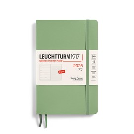 LEUCHTTURM1917 370656 Weekly Calendar & Notebook 2025, Paperback B6+ Softcover - 12-Month Planner, Lined - Sage, English