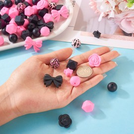 Magibeads 64Pcs Black Pink Silicone Focal Beads 15mm Round Beads Leopard Print Star Flower Rose Bowknot Spacer Beads for Crafts DIY Pens Keychain Lanyard Jewelry Making Supplies