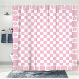 BSRAMZ Checkered Shower Curtain, 69X71in White Pink Preppy Shower Curtains for Bathroom, Cute Retro Checkerboard Bath Curtain Vintage Aesthetic, Machine Washable Fabric Shower Curtain