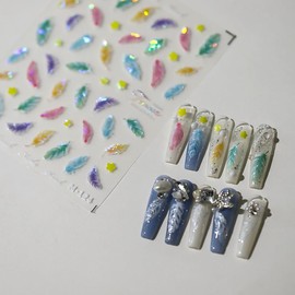 Dedyel Feather Nail Art Stickers White Feather Nail Art Stickers Colorful Feather Nail Art Stickers 3D Self-Adhesive Nail Art Stickers for Women Nail Art DIY Design Nail Decoration (2 Sheets)