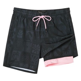 SURF CUZ Mens Swim Trunks with Compression Liner Quick Dry Swim Shorts 7" Swimming Trunks Stretch Bathing Suit 7 Inch,Black Pink,L