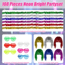 6 PCS Tinsel Wig, Party Wigs for Adults, Comes with 6 Long Fur Strips and 6 Heart-Shaped Glasses, Reusable, Suitable for Neon Party Masquerade Men and Women Role Play Wig Party (Multicolor)