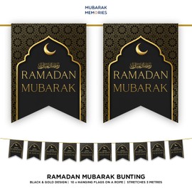 Ramadan Mubarak Bunting Decorations (Black & Gold Design) - Ramadhan Kareem Banner Flags Hanging Decor for Home Domes Lanterns Moon Star