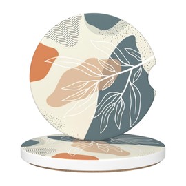 Car Cup Holder Coaster, Car Coasters for Cup holders, 2 Pack Anti Slip Insert Absorbent Ceramic Car Coaster with A Finger Notch & Cork Base, Cute Car Interior Accessories for Women(Abstract Boho Leaf)