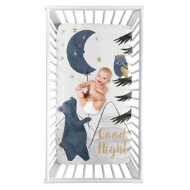 Sweet Jojo Designs Woodland Bear and Owl Boy or Girl Fitted Crib Sheet Baby or Toddler Bed Nursery Photo Op - Navy Blue, Grey, Gold and Black Celestial Moon Star Watercolor Forest