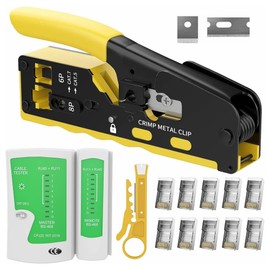 Yankok [HT718 RJ45 Pass Through Crimp Tool Kit] with Network Cable Tester, Mini Punch Down Tool, Replacement Blade Set, 10x CAT7 Pass Thru Connector and 10x RJ45 Strain Relief Boots
