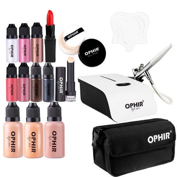 OPHIR Airbrush Makeup System Kit Air Compressor Cosmetic Airbrush Makeup Set with Eyebrow Template 3 Air Brush Foundation in 1 Ounce Bottles Includes Blush, Bronzer, Highlighter and Lipstick Concealer