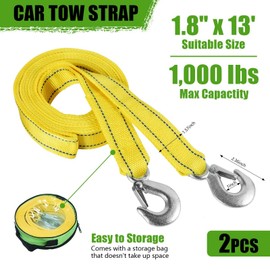 WSSROGY 2 Pack Tow Straps Rope Heavy Duty with Hooks for Vehicle Emergency Recovery (13'x1.8 Max 10,000lbs Break Strength)