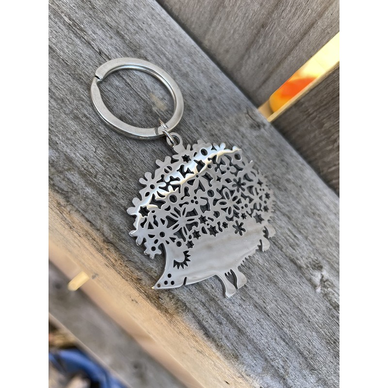 Silver Hedgehog Keyring, Hedgehog Keychain, Hedgehog Gift, Laser cut effect
