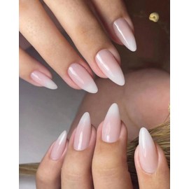 24-Piece Press On Nails Set, Medium Almond French Tips with Silver Glitter and Stars, Pink Nude, Includes Nail Glue and File (24-Piece Press On Nails Set, Long Almond Shape, White-Pink Gradient, with Nail Glue and File)